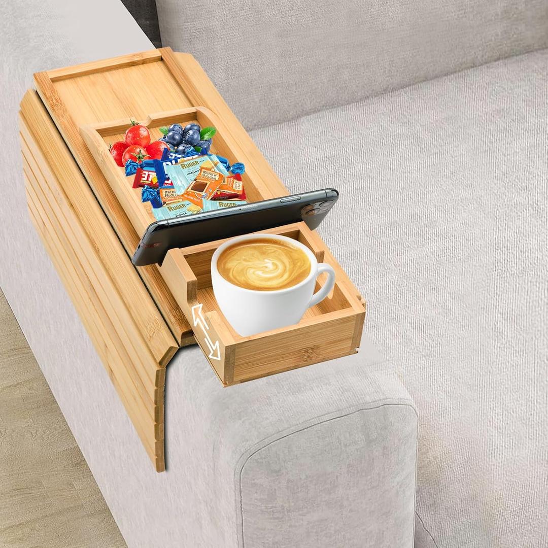Bamboo Couch Arm Tray with Detachable Cup Holder - 2 in 1 Design, Foldable Anti-Falling Sofa Armrest Tray for Cups, Snacks, Remote