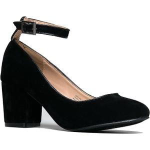 J. Adams Ankle Strap Pump Heel -Comfortable Round Toe Dress Block Shoe - Darling, Black Suede, 6 