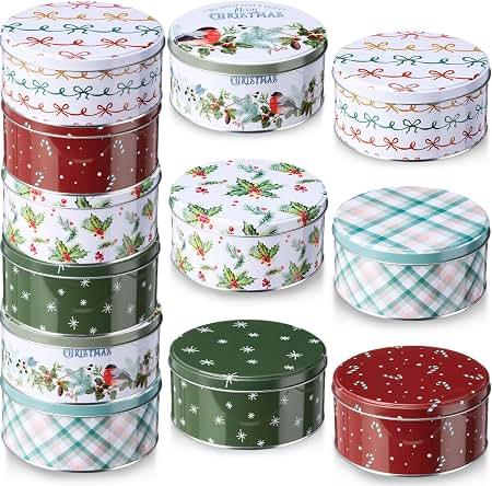 Christmas Cookie Tins with Lids for Gift Giving Small Xmas Tin Containers Round Metal Christmas Tins Empty Cookie Jar for Gift Giving Holiday Party Favors (Stylish Style)