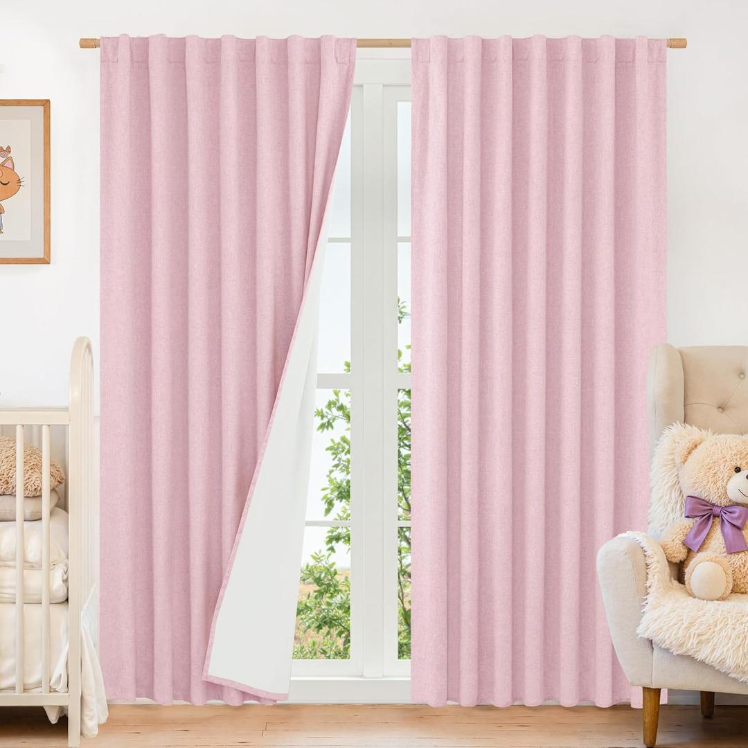 LAMIT Pink 100% Blackout Linen Curtains, 84 Inch Linen Textured Living Room Farmhouse Curtains Room Darkening Back Tab and Rod Pocket Burlap Neutral Panels with White Liner, 2 Panels, 60 x 84 Inch