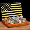 Wonderjune Light up Challenge Coin Display Military Coin Holder with Warm Color Light Stand Case American Flag Rack Display Military, 4 Row Wooden Stand Rack, Gift for Army, Him, Father Christmas