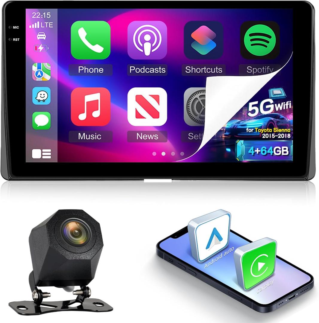 4+64G Android 15 Car Stereo for Toyota Sienna 2015 2016 2017 2018 with Wireless Carplay/Android Auto - 9 Inch HD Touchscreen Radio with EQ/5G WiFi/GPS/SWC/Mirror Link, AHD Rear View Camera