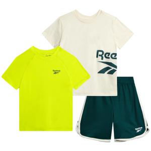 Reebok Toddler Boys Short Set - 3 Piece Summer Outfit with 2 T-Shirts & Shorts - Activewear Clothes for Toddler & Little Boys, Size 7, Chalk