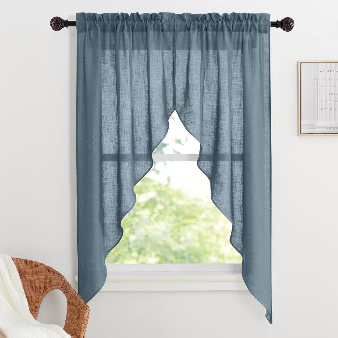 RYB HOME Kitchen Window Curtains Valances - Light Filter Semi Transparent Short Curtains for Small Window, Bathroom, Basement, Cafe, Living Room, Home Decor, W 36 x L 63, Stone Blue, 1 Pair