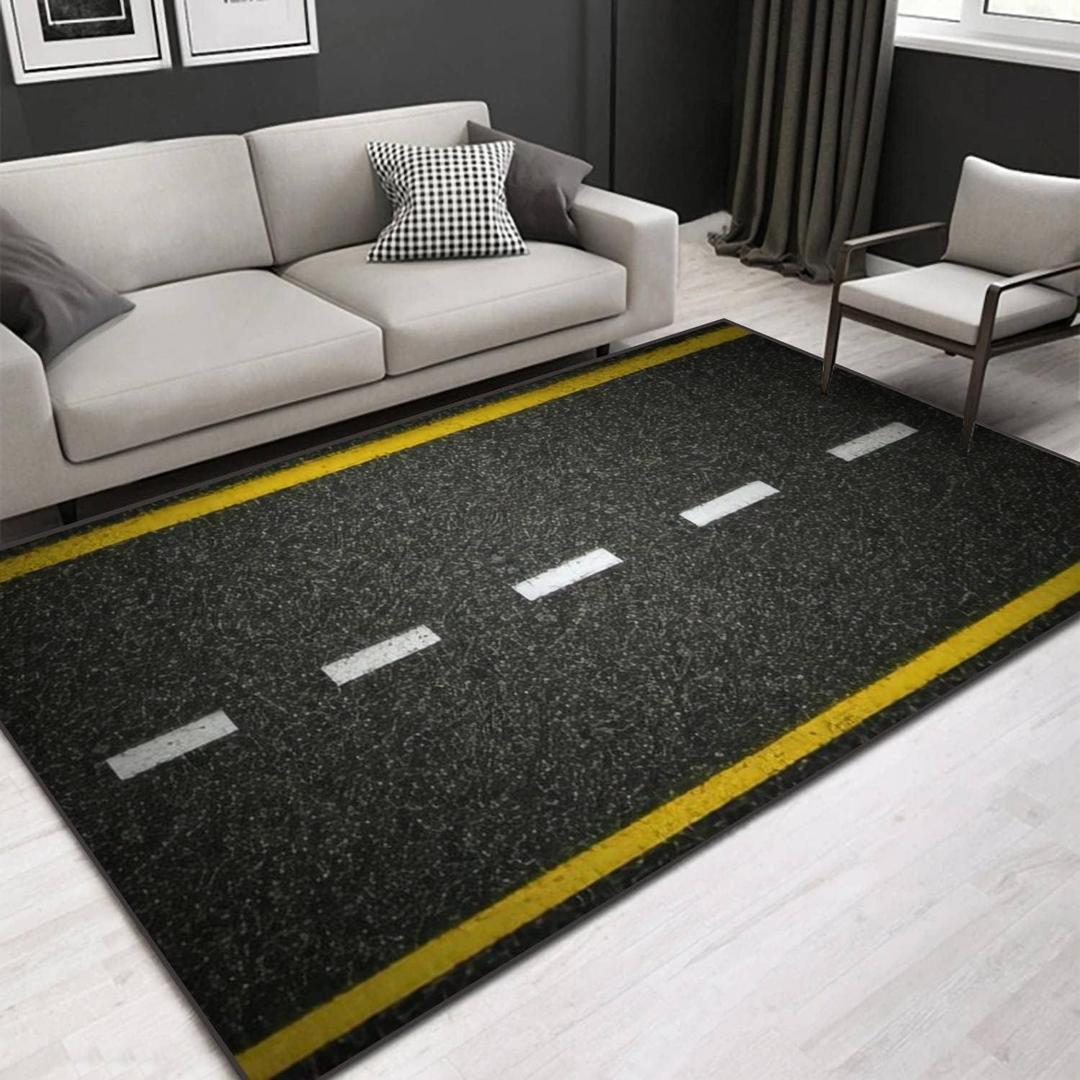 Area Rug Road top View Asphalt Highway Marks 3D Rugs Non-Slip Mat Throw Rug Yoga for Living Room Playroom Classroom Nursery Decor Outdoor Floor Carpets 64" L48" W