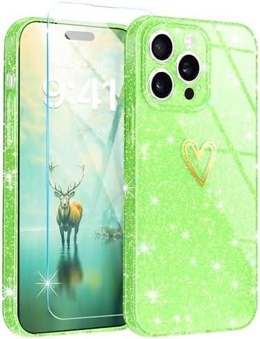 Qviskteme for iPhone 14 Pro Case Cute for Women Girls,Clear Glitter with [1 x Tempered Glass Screen Protector] Slim Phone Cases Shockproof Bumper Protective Soft Silicone Thin Cover 6.1"(Lime Green)