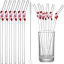 Honeydak 6 Pcs Red and Pink Heart Glass Straws with Charms Valentines Party Supplies Cute Reusable Straws Glass with Brush Heart Shaped Clear Drinking Bachelorette Decor Bridal Engagement Drinkware