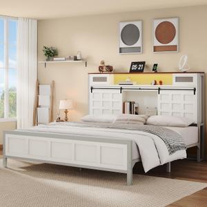 YITAHOME King Size Bed Frame Farmhouse with 49.14" Tall Storage Headboard, Charging Station & Led Light, Sliding Barn Door, Wooden Platform Bed Frame, Metal Slats Support, No Box Spring Needed, White