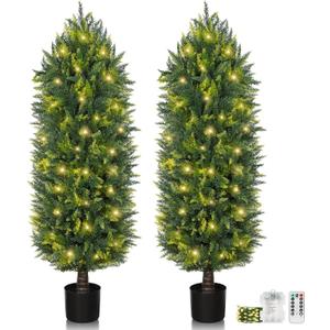 4ft Artificial Cedar Topiary Trees, Realistic Faux Cedar Pines for Outdoor Front Porch Dcor - Pre Potted Cypress Shrubs UV Rated Fake Plants for Indoor and Outdoor Use