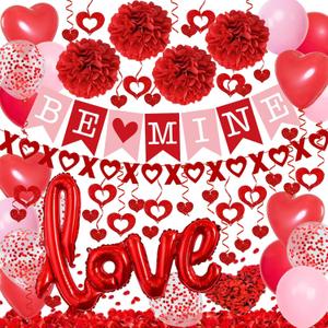 Red Valentines Day Decorations, BE MINE Banner and Heart Hanging, Heart XO Garlands, Red Paper Pompoms, Rose Petals, Love Foil Balloons with Valentines Balloons, for Wedding Anniversary Party Decor