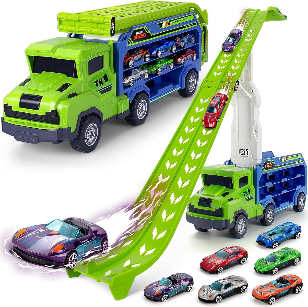 BainGesk Truck Toys Car for 3, 4, 5, 6 Years Old Boys, Carrier Race Truck Toys, Foldable 2 Layer Transport Car Toys with 27 in Race Track and 6 Metal Cars, Birthday Gifts for Toddler Boys Girls (Green)