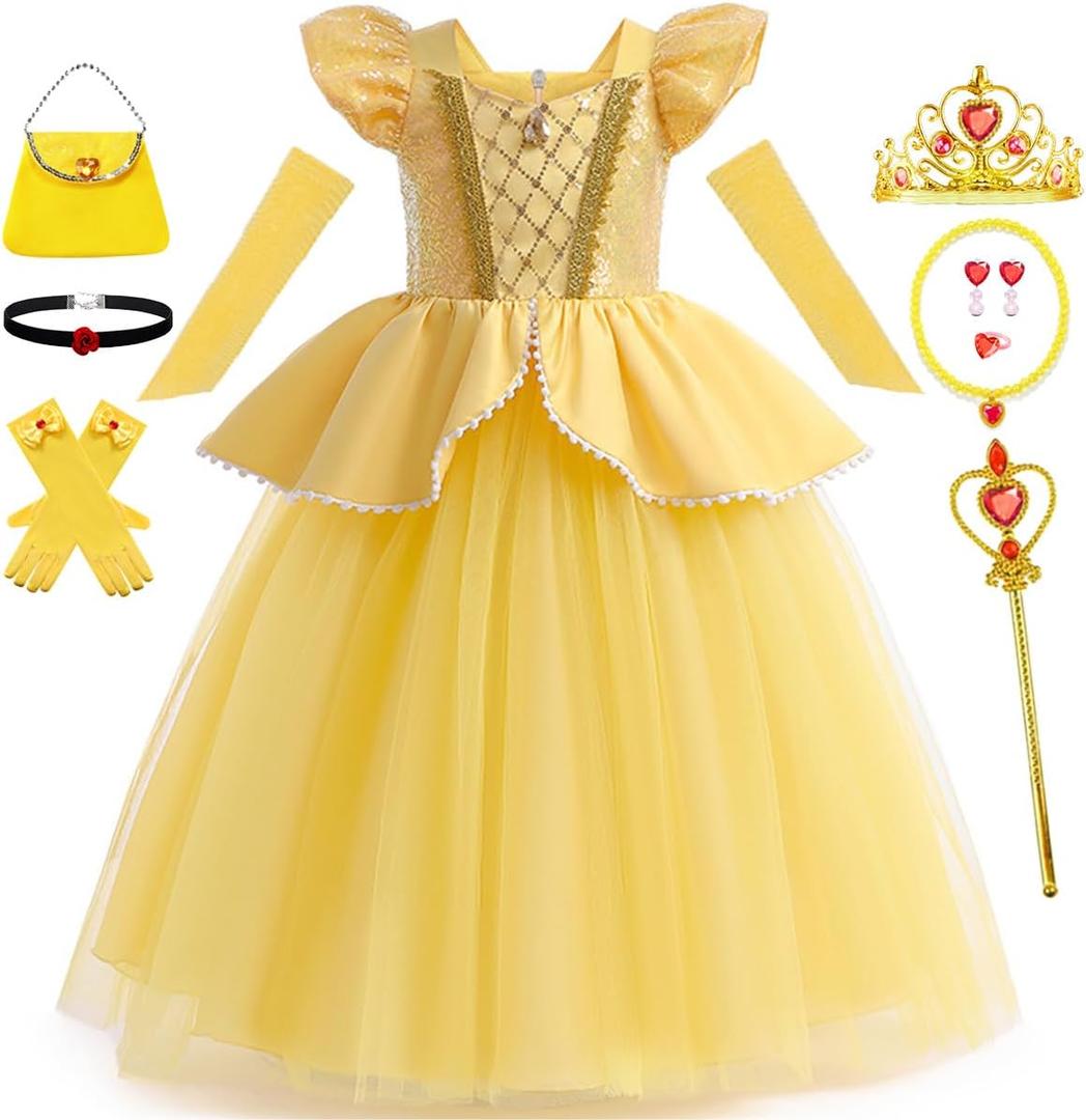 Belle Costume for Girls Yellow Princess Dress up Halloween Birthday Party Cosplay Outfits with Accessories (Yellow)