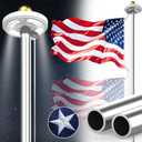 100MPH 12 Gauge Flagpole Kit with Solar Light and Flag 2mm Thick, Heavy Duty Flag Pole Holder with Light Solar Powered, Flagpole Kit 20FT Silver with Pulley and Rope, for Outside House