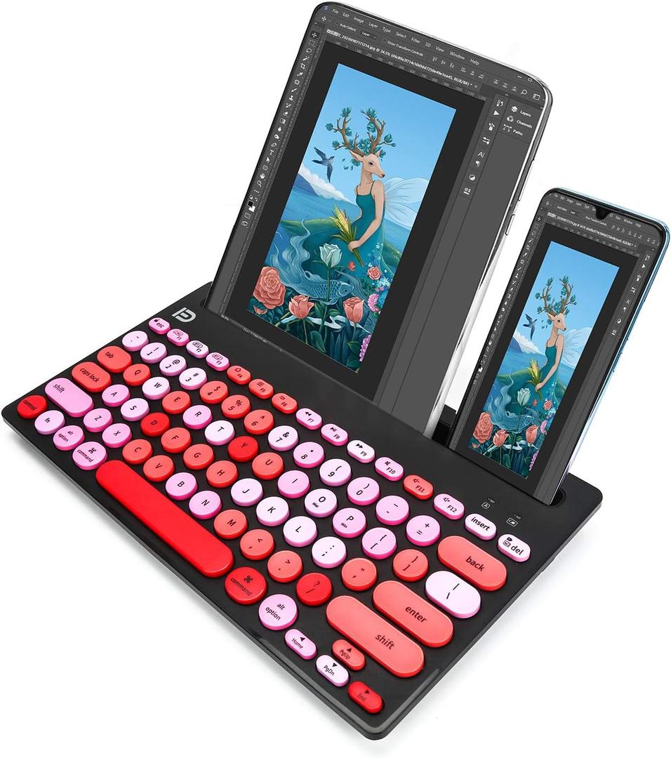 HUO JI Wireless Keyboard MultiDevice, Bluetooth and 2.4G Dual Mode for iPad, Switch to 3 Devices for Tablet, iPhone, PC, Smart TV, Cellphone, iOS Android Windows, Pink