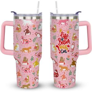 bchiijds 40 oz Cat Cup Tumbler with Handle Lid and Straw, Cat Themed Lover Gifts for Women, Cute Tumblers for Women, Pink