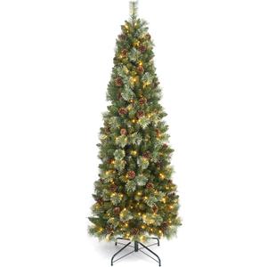 HomeKaren 6.5 Ft Prelit Christmas Tree, Artificial Pencil Christmas Tree with 250 LED Lights, Pine Needles and Pine Cones Xmas Decoration for Home