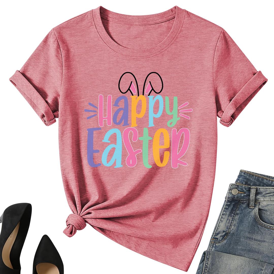 Happy Easter Shirt for Women-Funny Easter Rabbit Tee Tops Cute Colored Bunny Short Sleeve (XL)