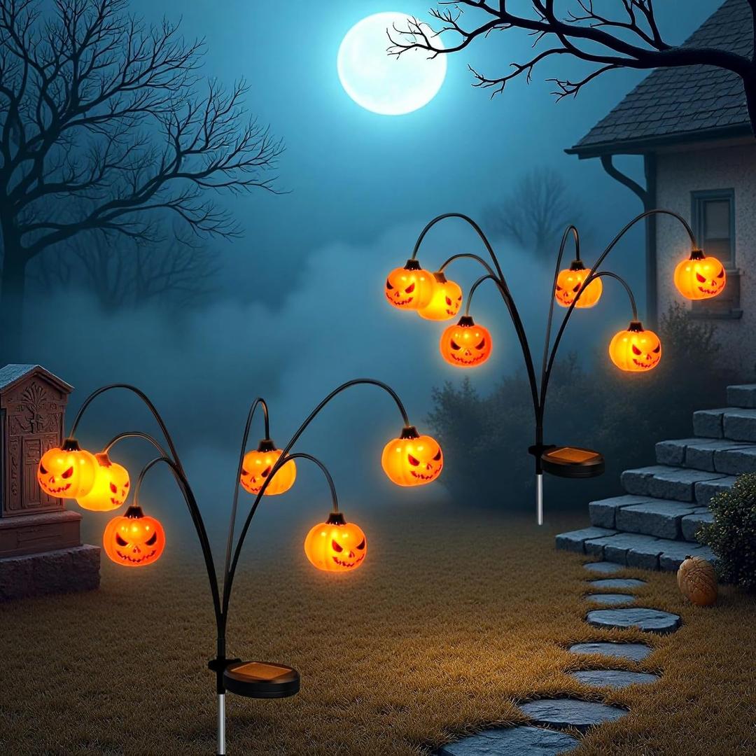 Solar Halloween Lights Outdoor Waterproof, 2 Pack Pumpkin Solar Lights for Outside Thanksgiving Decor,12LED Orange Pumpkin Swaying Lamps for Garden Decor, Yard, Lawn, Party Decorations