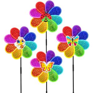 Outdoor Wind Spinners Yard Garden Decor Shiny Pinwheels, Lawn Rainbow Ornaments to Deter Animals Scare Birds Away (4PCS)