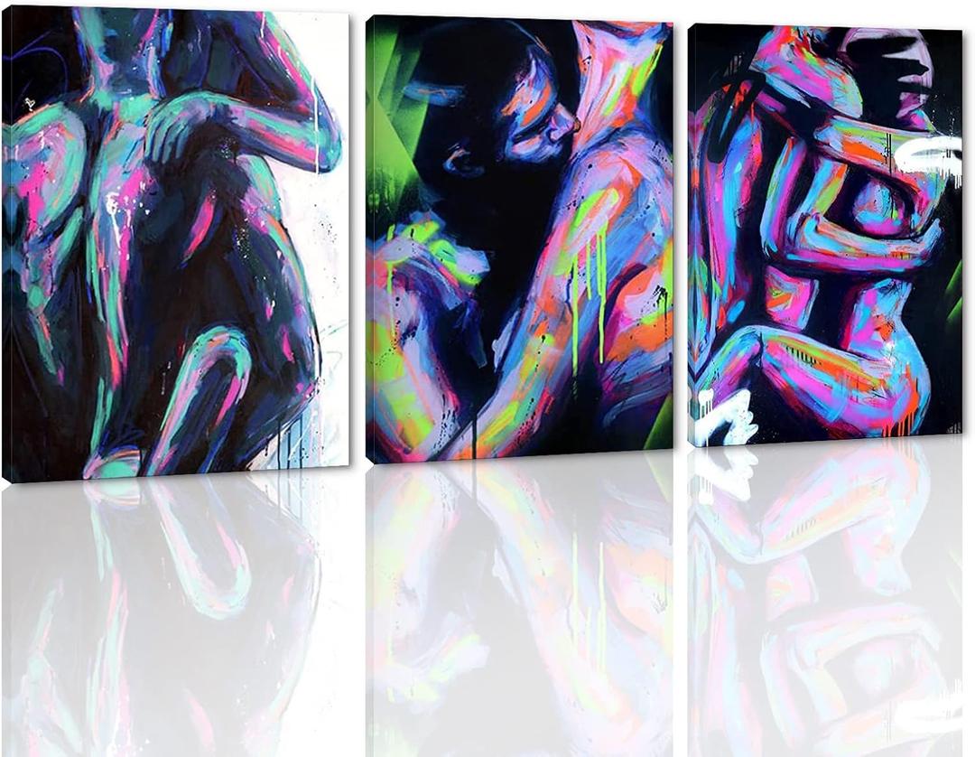 Abstract Nudes Wall Decor for Bedroom 3 Panel Sexy Nude Couple Love Picture Couple Wall Art Nude Woman Painting Art Print on Canvas for Bar Hotel Apartment Wall Decor Framed Ready to Hang - 12x16inchx3Pcs