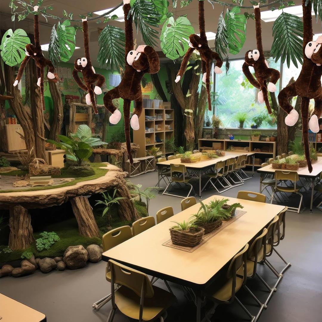 Suncalla 14 Pcs Rainforest Falls Jungle Party Decoration VBS 2026 Favor 6 Hanging Monkey Stuffed Animal 10 ft Rattan 6 Tropical Palm Leaves 1 Vine Rainforest Falls Decor for Classroom Birthday