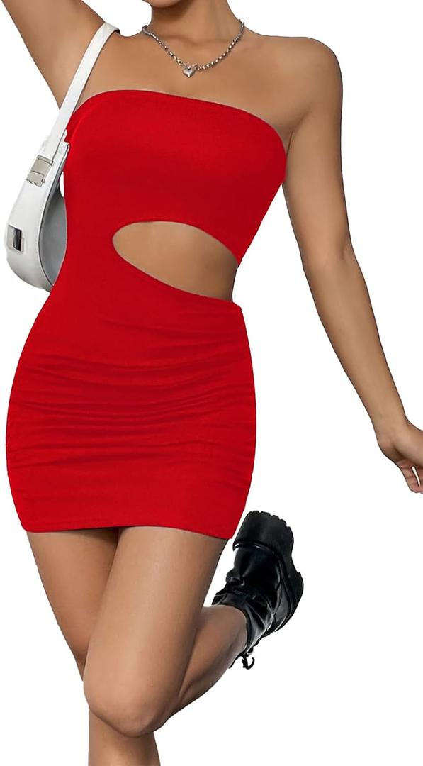 Women's Slim Fit Mini Dresses 2026 Summer Casual Sexy Club Night Out Party Solid Strapless Tube Short Bodycon Dress S35 (Red, L)