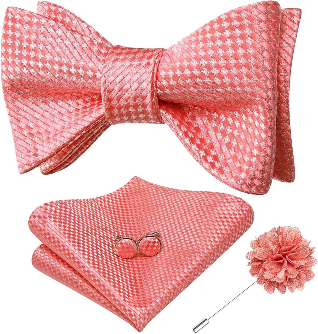 Dubulle Self Tie Bow Ties and Lapel Pin for Men Paisley Solid Mens Bowtie and Handkerchief Cufflinks Set Wedding, Coral Pink