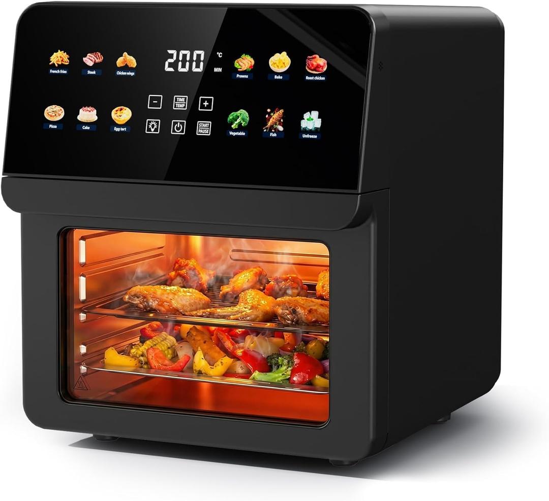 12QT Toaster Oven Combo, 8-in-1 Air Fryer Oven, Family Size, Black | Even heat, perfect crisp smart presets Dual racks, different dishes, same time Dishwasher washable Light sound operation