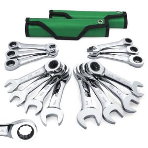 SK Stubby Ratcheting Wrench Set, Combination Wrench Set, 14-Piece, SAE & Metric, 72-Tooth, CR-V Steel, with Rolling Pouch