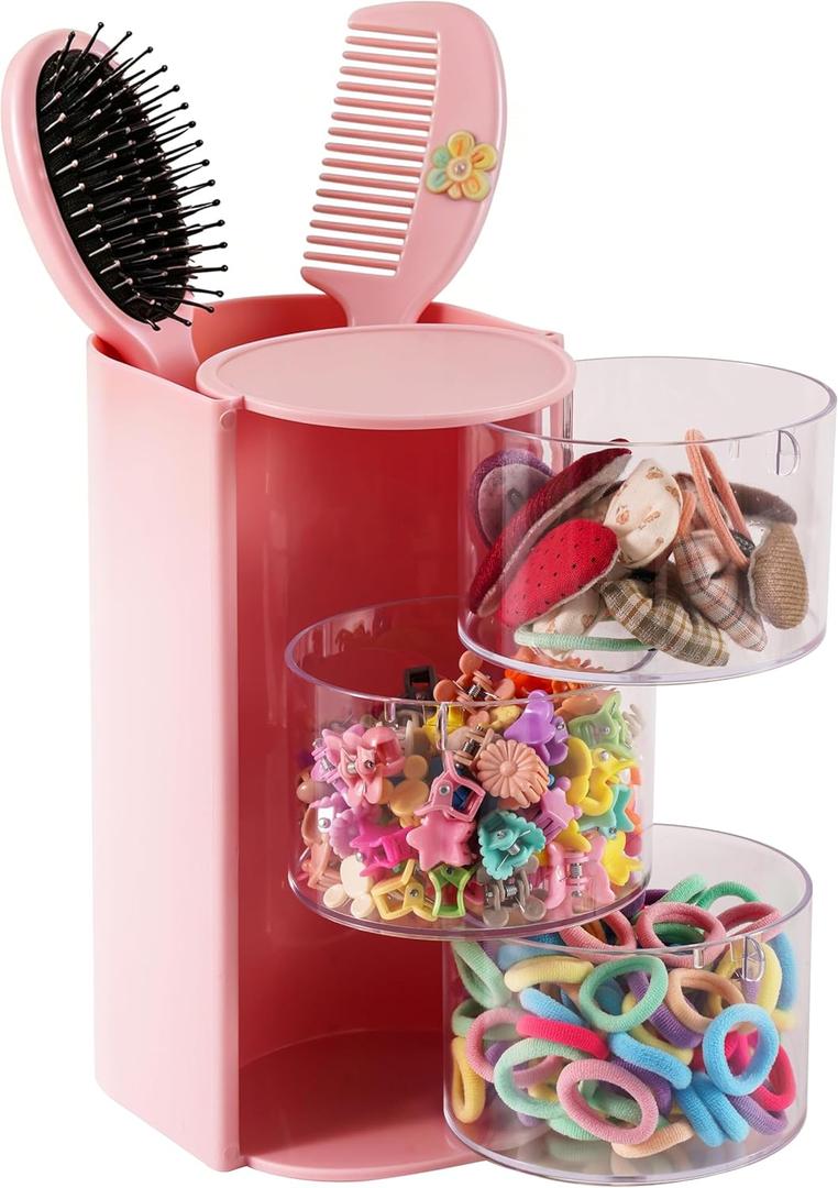 Hair Accessories Organizer for Girls, Kids, Toddler & Women, Rotating Hair Brush Holder with 3-Tier Clear Storage for Hair Clips, Ties, Bows, Scrunchies, Jewelry, Vanity Caddy, Pink