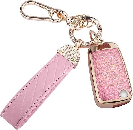 for Chevy 5 Button key fob cover, Soft TPU Keys Protector Bling Key Fob Keychain for 2023 2022 2021 2020 2019 GMC Sierra and Chevy Silverado 1500 2500HD 3500HD, Gold Pink