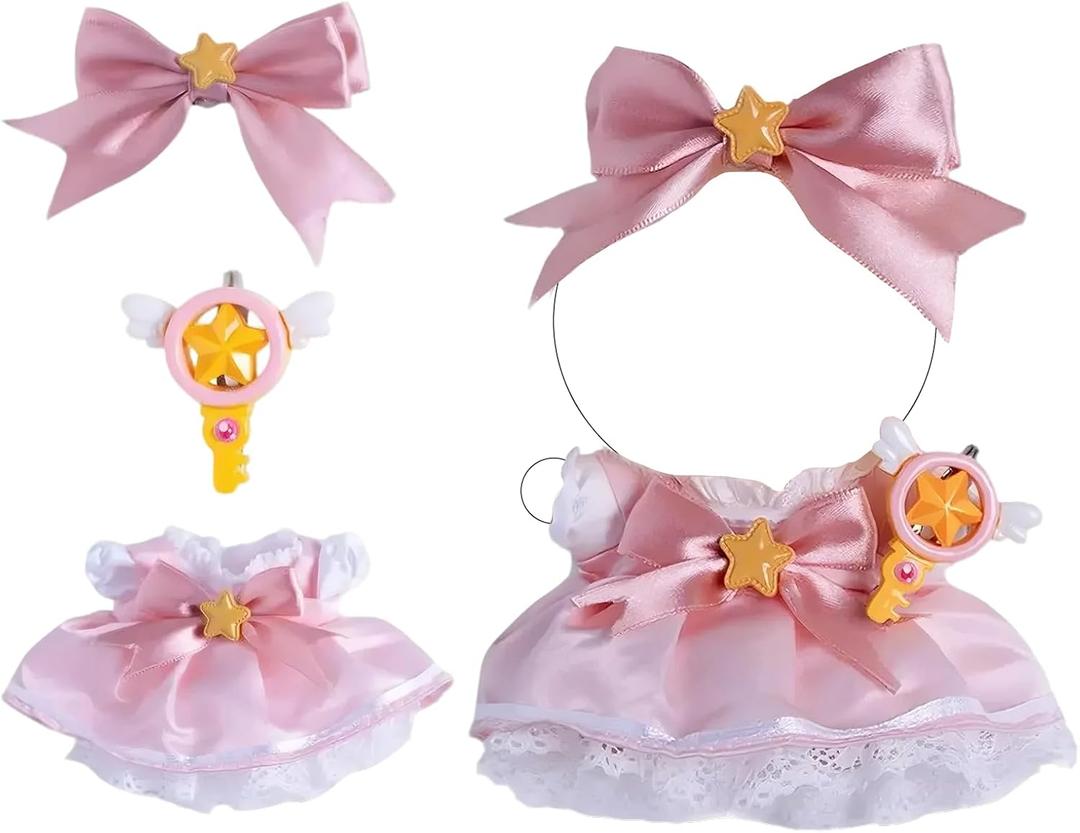 Clothes for Doll  Magical Girl Outfit for 17cm Dolls, Layered Pink & White Satin Dress with Star Bow, Large Ribbon Headpiece & Magic Wand Accessory  Doll Accessories Only
