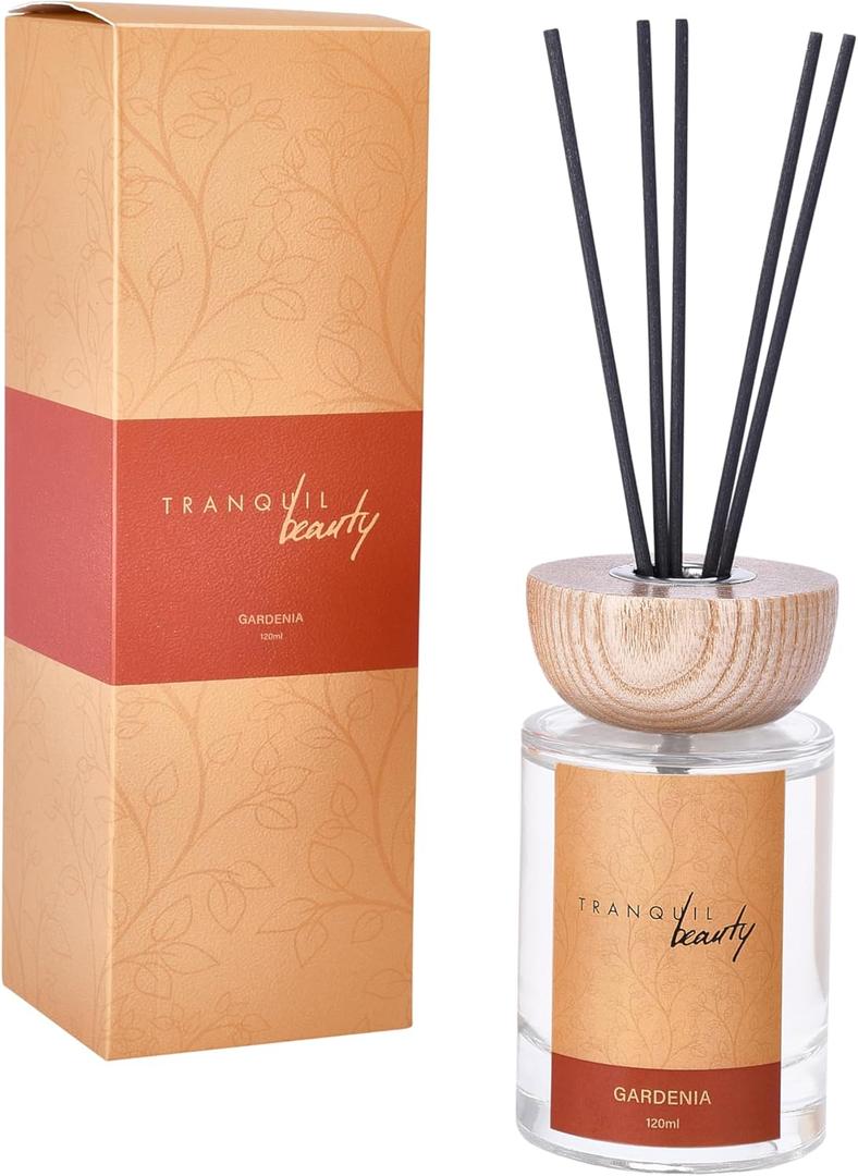 Tranquil Beauty Reed Diffusers for Home - 5 Fragrance Sticks with Gardenia Scent - Hint of Dark Vanilla, Amber, Wood & Bourbon - Room Air Fresheners with Glass Bottle and Wooden Lid (2.3"x4.3")