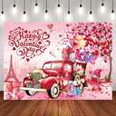 IADIUENOG Happy Love Day Pink Backdrop 8x6ft Red Truck Love Tree Anniversary Holiday Love Heart Balloon Romantic Lover Background Wedding Party Decorations