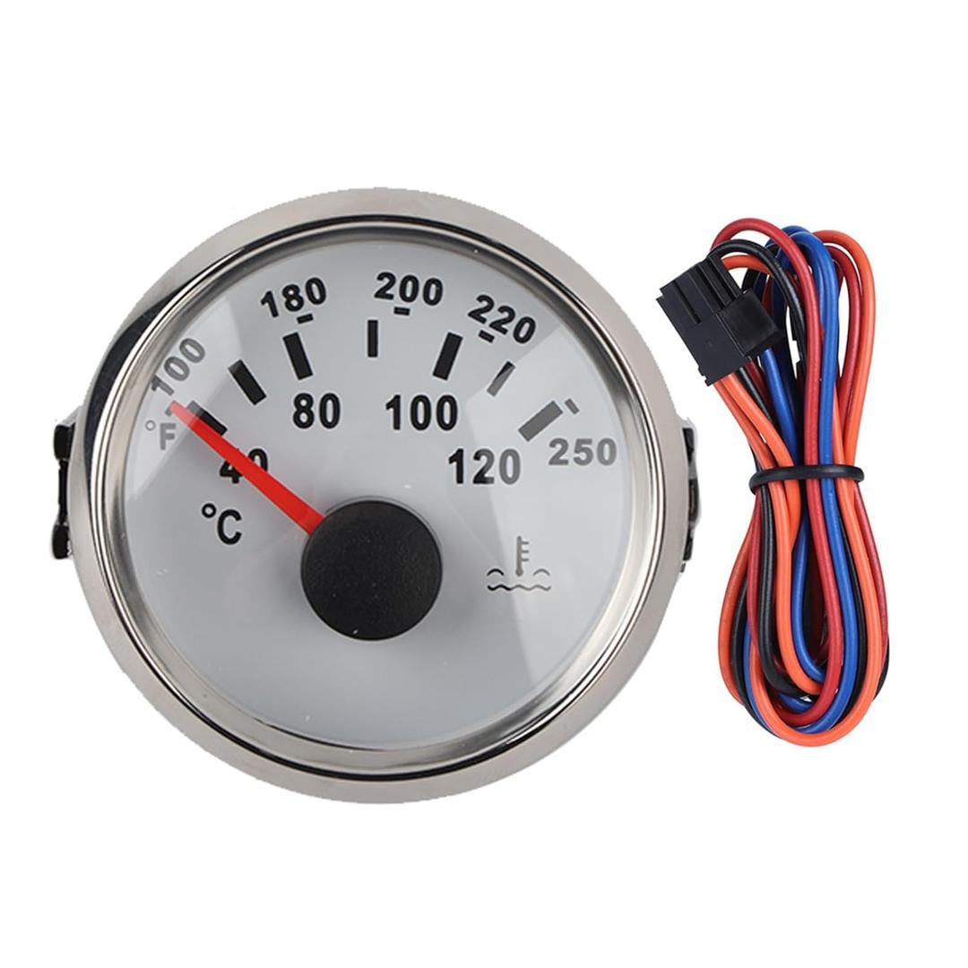 52mm Water Temperature Gauge, IP67 Marine Engine Temp Meter with LED Display 40 to 120, Silver Frame White Dial for Boat RV Car Truck Automotive Marine Vehicles