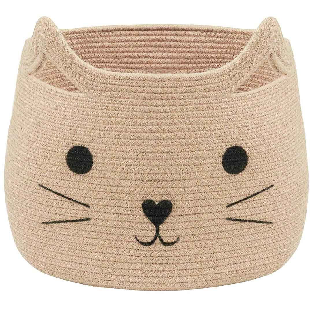 VK VKLIVING Animal Baskets Large Woven Cotton Rope Storage with Cute Cat Design Laundry Organizer for Towels, Blanket, Toys, Clothes, Gifts  Cat Toy Box Pet or Baby Gift Baskets 15"Lx14H" (Jute)