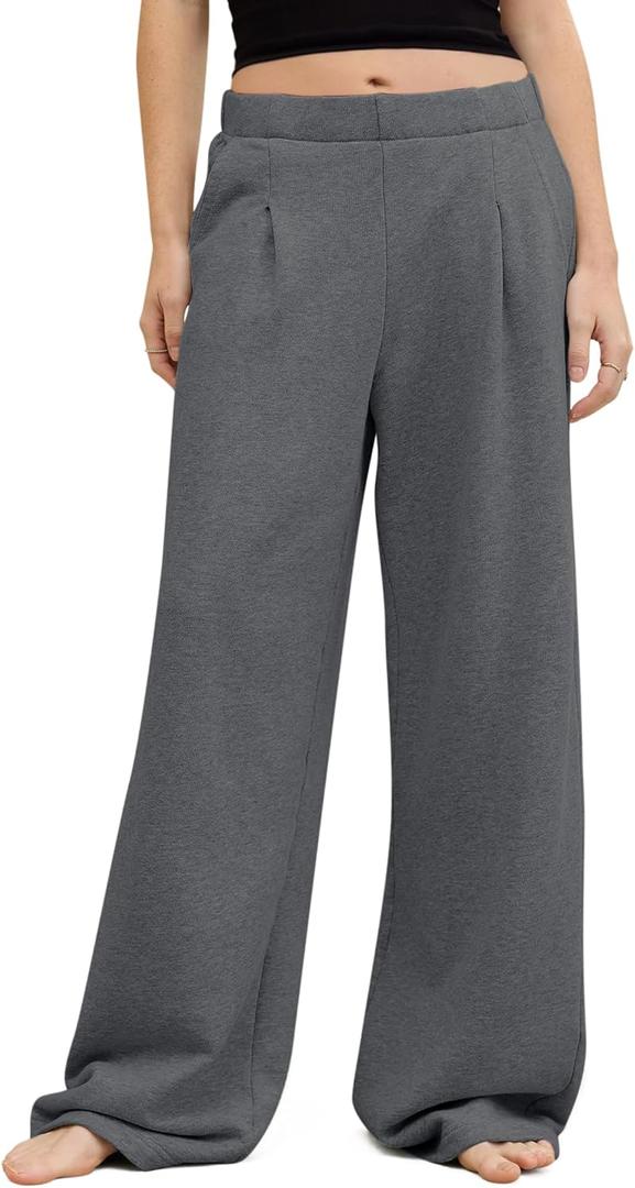 HeSaYep Women's Wide Leg Sweatpants Baggy Straight Leg Sweat Pants Elastic High Waisted Loose Pants with Pockets (Dark Grey) XS