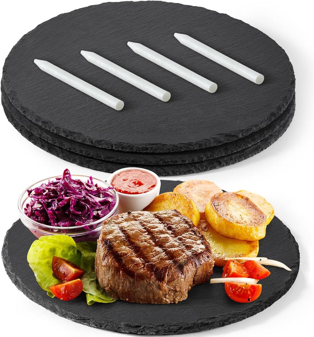 GOH DODD 12 Inch Set of 3 Large Slate Cheese Board, Charcuterie Boards Stone Slate Plates, Laser Engraving Blanks for Meat Fruit Appetizers Sussi Party Wedding Housewarming Gifts, Round