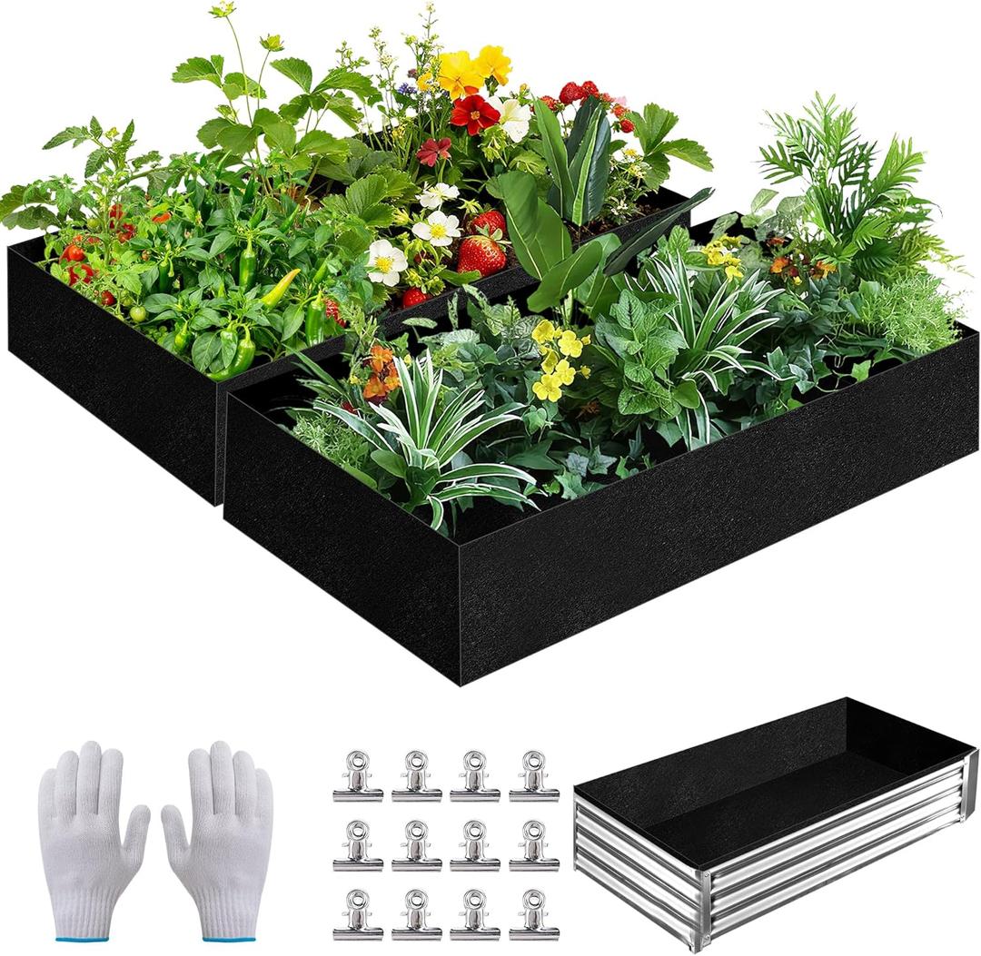 2 Sets 4 x 2 x 1 ft Raised Garden Bed Liner Bag, Breathable Grow Bed Fabric Liners with Clips and Gloves, Garden Box Non Woven Bag for Outdoor Plants Growth Keep Soil Isolation (No Garden Bed) (Rectangle)