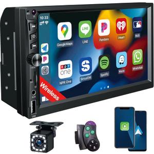 Wireless Double Din Car Stereo Works with Apple Carplay,7 Inch HD 1024 * 600 Touchscreen with Bluetooth 5.1,FM Car Radio,GPS Navigation,Backup Camera,Android Auto,Voice ControlUSB/AUX/TF/SWC