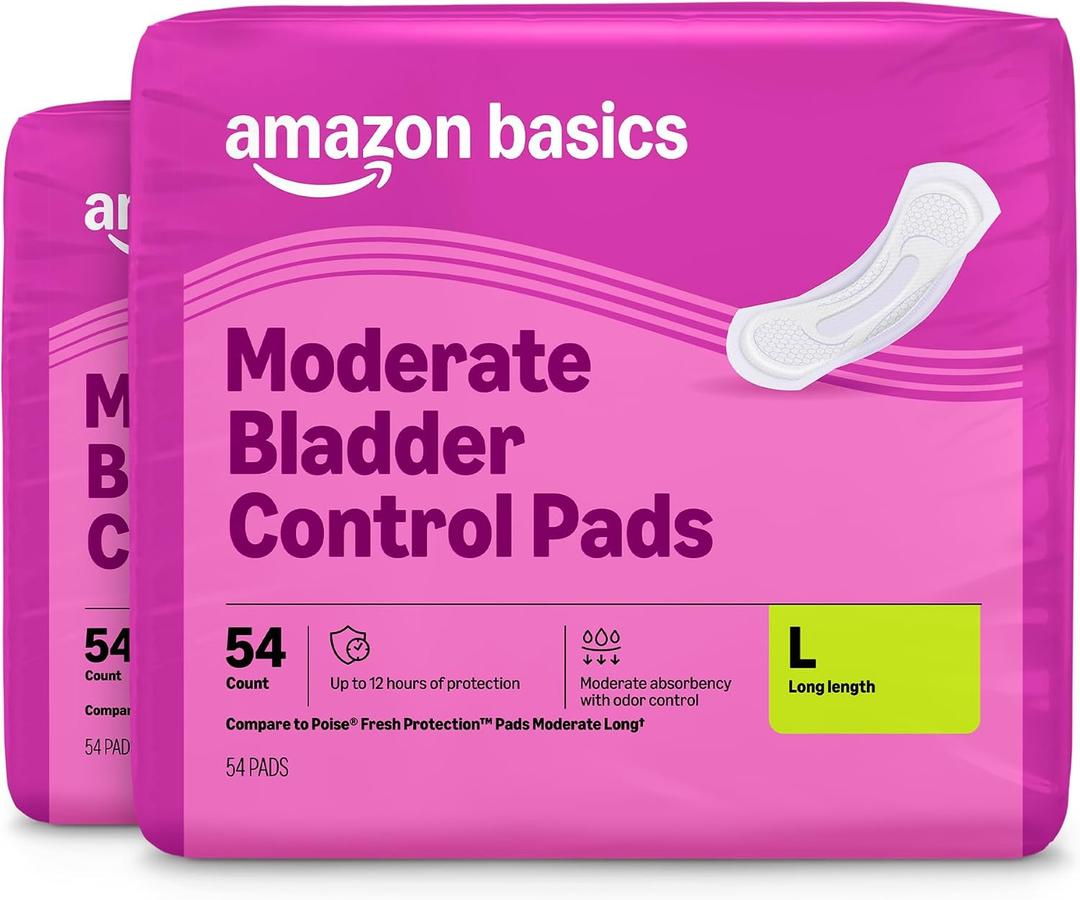 Amazon Basics Incontinence Pads for Women, Postpartum, Long, Bladder Control, Moderate Absorbency, Unscented, 54 Count 2 Packs