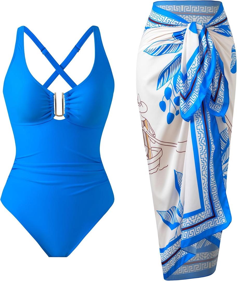 One Piece Swimsuit Women with Cover Up Set Retro Bathing Suit for Women Tummy Control Beach Wrap Skirt (X-Large, Blue)