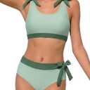 Girls Swimsuit Bikini Set Color Block 2 Piece Teen Bathing Suits Adjustable Straps Girls' Swimwear Size 12-14Y Green