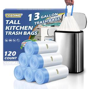 13 Gallon Trash Bags Drawstring 120 Count, 1.7 Mil Thick White Garbage Bags, Easy-Dispense Roll for Kitchen & Household Use, Resists Tears, Leaks and Punctures
