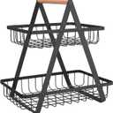 2 Tier Countertop Fruit Basket, Portable Fruit Bowl for Kitchen Organizer Storage & Dining Room Fruits Vegetable Bread Snacks, Detachable Metal Rectangle Basket Storage (Black)