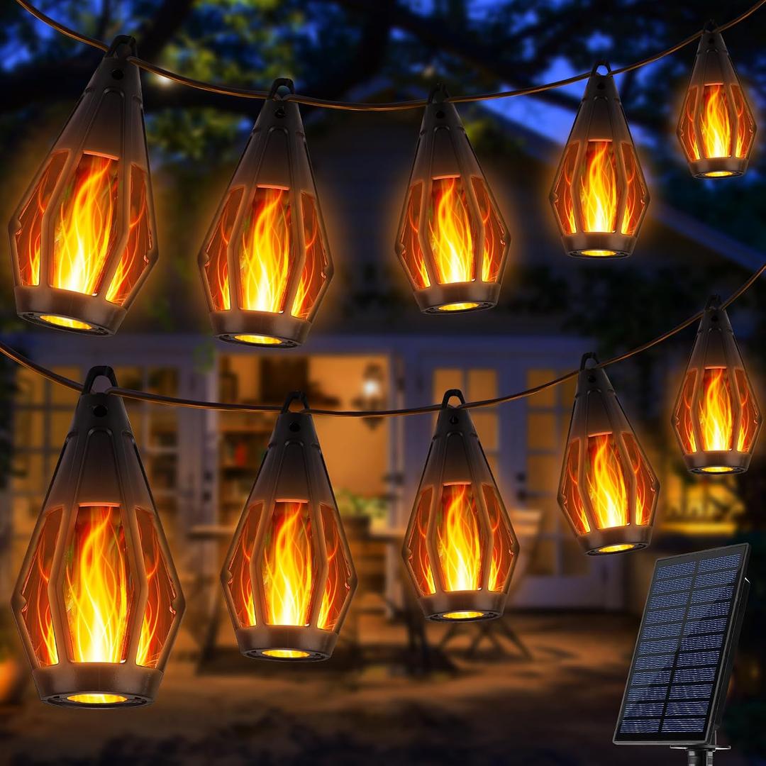 iBaycon Solar Flame Lights, 42Ft 15 LED Bulbs Flickering Flame String Light, Outdoor Waterproof Solar Flame Lights for Garden Yard Lawn Patio Decorations (Warm White)