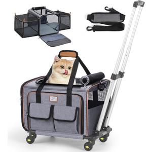 Lekereise Airline Approved Cat Dog Carrier with Wheels Expandable Rolling Pet Carrier for Medium Dogs and Cats Under 15 25LBS, Pet Travel Carrier on Wheels, Grey