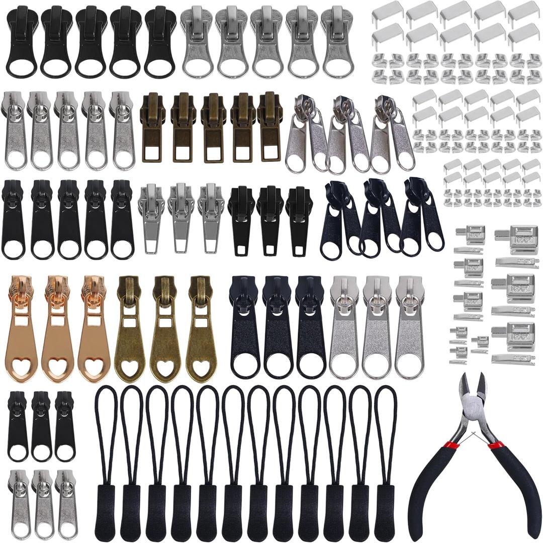 210Pcs Zipper Repair Kit Replacement Sliders Zip Bottom/Top Stop Latch Slider Retainer Insertion Pins Nylon Zipper Pulls Install Pliers Tool for Clothing Jackets Luggage Bags and Outdoor Gear