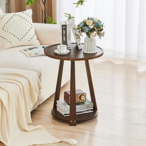 Small Round Wooden End Table - Round Solid Wood Side Table, 23.6 Modern Circle End Tables Living Room with Shelf for Couch Sofa, Walnut, 19.6 in x 19.6 in x 23.6 in