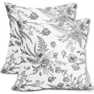 Black and White Flowers Pillow Covers 2 Packs 18x18 Inch Black Linen Floral Throw Pillowcase Decorative Vintage Spring Summer Floral Cushion Cover for Patio Sofa Bedroom Indoor Outdoor Party